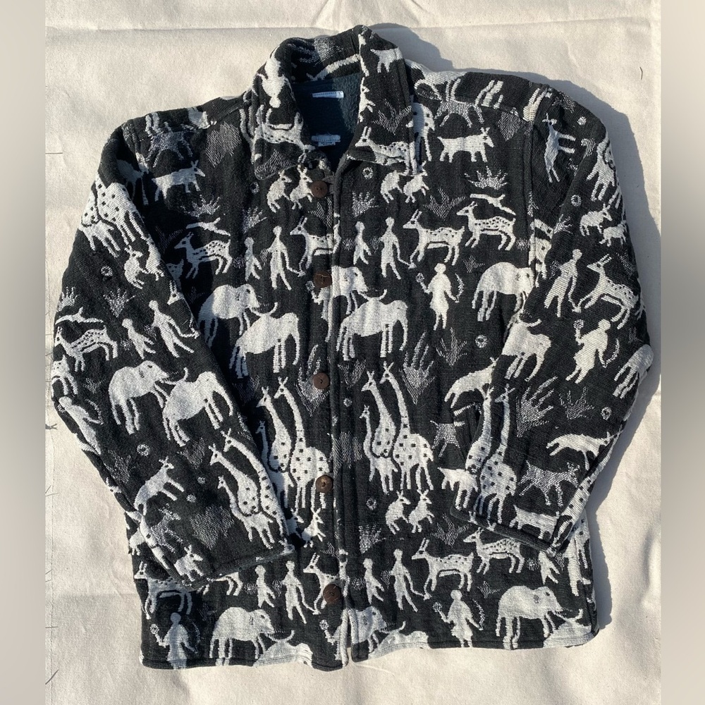 Vintage 90s Y2k Knit Animal Print Tapestry Button Front Lined Jacket Large Nepal